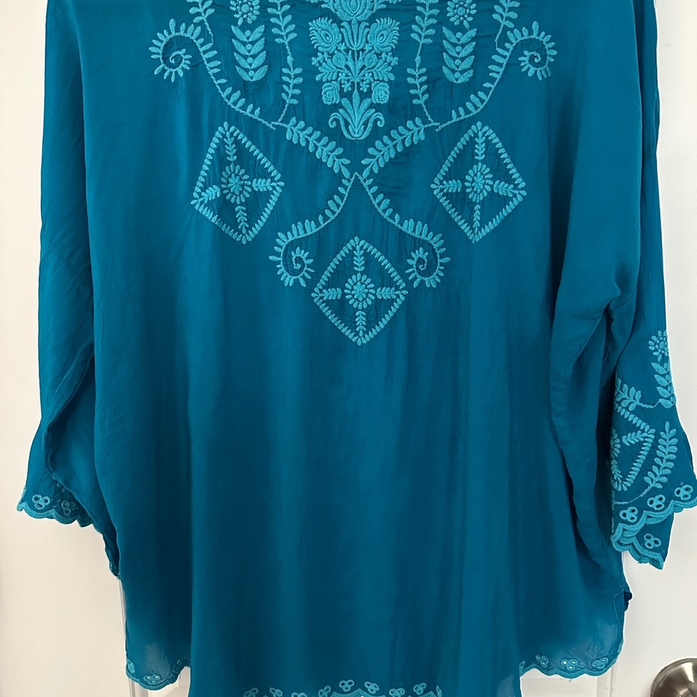 Johnny Was Teal Embroidered Blouse - Picture 2 of 5